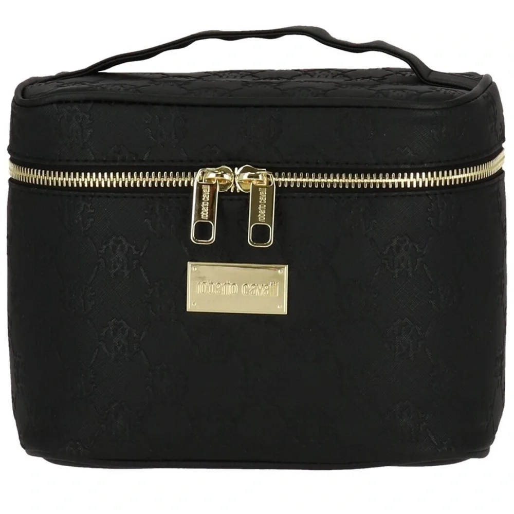 NEW Roberto Cavalli Black Embossed Monogram Cosmetic Bag Train Case
